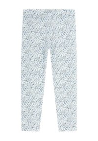 Leggings van rekbare stof met een lichtblauwe achtergrond en een bloemmotief in blauw en groene tinten.