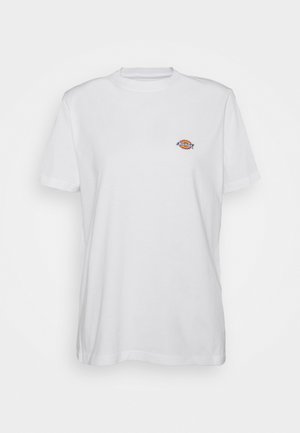 T-shirt bianco in cotone con scollo rotondo e maniche corte, con un piccolo logo "Diesel" colorato ricamato sul petto.