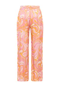Leichte, weit geschnittene Hosen in einem lebhaften Wirbelmuster aus Pink, Orange und Creme. Mit einem elastischen, gerafften Taillenbund.