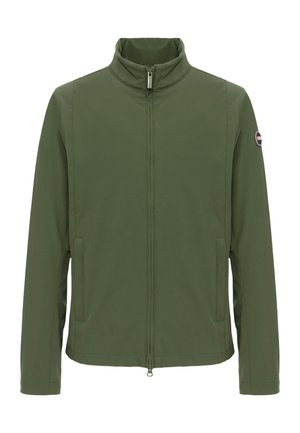 Vihreä vetoketjullinen takki korkealla kauluksella, kahdella etutaskulla, pitkät hihat ja pieni pyöreä logoplässi vasemman hihan yläosassa.