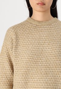 Pullover beige lavorato a maglia con un motivo testurizzato, scollo rotondo e polsini a coste. Il materiale sembra morbido con una tessitura traspirante.