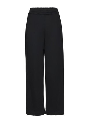 Czarne spodnie o szerokich nogawkach z elastycznym paskiem, prostymi nogawkami i luźnym krojem.