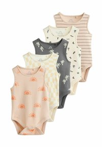 Cinque body per neonati senza maniche in colori pastello. Le caratteristiche includono stampe di sole e palme, righe e un motivo a quadri.