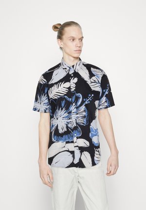 Short-sleeve shirt with a black background, featuring large blue and gray floral patterns, button-up front, and collar.