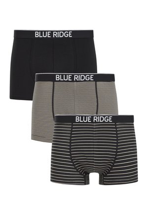 Trois paires de boxers pour hommes en noir et à motifs rayés avec "BLUE RIDGE" imprimé sur les ceintures.
