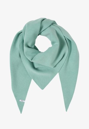 Kolmionmuotoinen pehmeä neulottu huivi pastellivihreänä, jonka kärjet ovat terävät ja joissa toisessa kärjessä pieni valkoinen brändilappu.