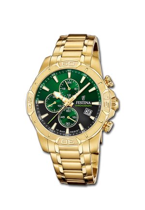 Goldfarbene Festina-Chronograph-Armbanduhr mit grünem und schwarzem Zifferblatt, drei Hilfszifferblättern, Datumsanzeige und goldenem Armband.