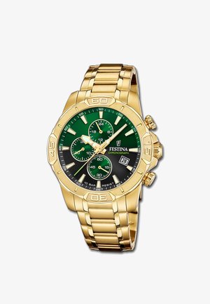 Montre chronographe Festina en métal doré avec cadran vert et noir, trois sous-cadrans, guichet de date et bracelet en métal doré.