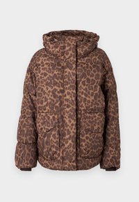 Pohodlná prošívaná bunda v leopardím vzoru v hnědých tónech, s kapucí, dvěma předními kapsami a elastickými manžetami. Měkká vnější textura.