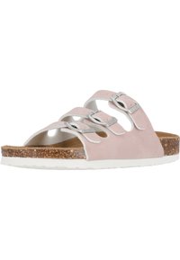 Rosa mockaskinsandaler med tre justerbara remmar, silverfärgade metallspännen och en fotbädd av kork. Har en vit gummisula.