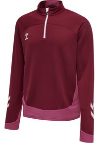 Burgundy långärmad sweatshirt med halvdragkedja, vita detaljer och texturerade axeldetaljer. Har en rosa nederdel och sportiga designelement.