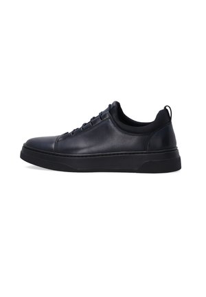 Black leather sneaker with a rounded toe, minimal seams, and a rubber sole. Features lace-up design and small heel pull tab.