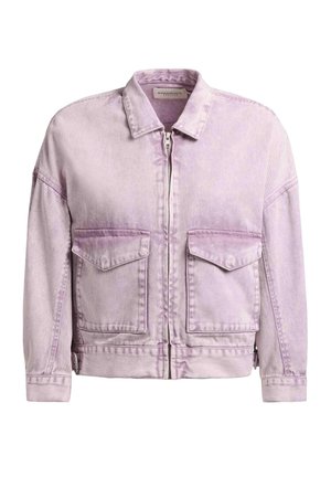 Hellviolette Jeansjacke mit einem Reißverschluss vorne, zwei großen Klappentaschen, langen Ärmeln und einem spitzen Kragen.