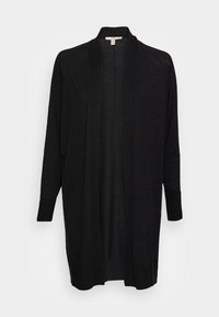 Cardigan largo negro con cuello tipo chal, tejido de punto ligero, abertura frontal y puños acanalados, con una textura suave en toda la prenda.