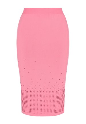Rosa eng anliegende Rock aus elastischem Stoff, mit einem Verlauf von kleinen Strasssteinen, der von minimal oben bis dicht unten reicht.