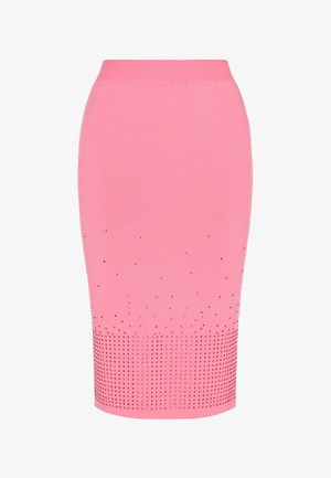 Lyserød tætsiddende nederdel lavet af strækbart stof, med et gradient af små rhinsten, der går fra minimalt øverst til tættere nederst.