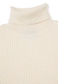Maglione a collo alto a coste di colore crema, caratterizzato da un collo alto e un tessuto testurizzato, adatto per essere indossato a strati durante il tempo freddo.
