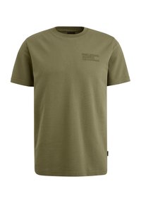 Camiseta de algodón verde oliva con cuello redondo, mangas cortas y un logo texturizado en el frente. Corte recto, textura suave y dobladillo cosido.