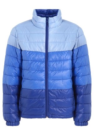 Niebieska pikowana kurtka z wysokim kołnierzem, z kolorowym wzorem w odcieniach od jasnego do ciemnego niebieskiego, gładka w dotyku, zapinana na zamek.