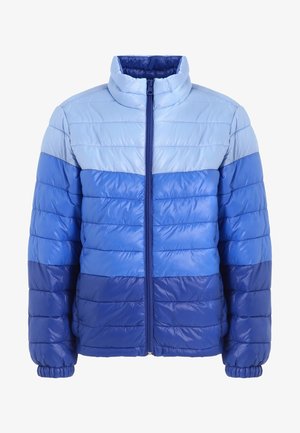 Niebieska pikowana kurtka z wysokim kołnierzem, z kolorowym wzorem w odcieniach od jasnego do ciemnego niebieskiego, gładka w dotyku, zapinana na zamek.