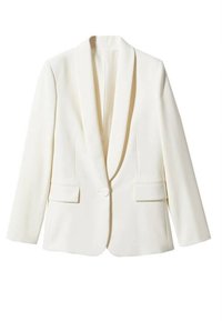 Weißes Blazer mit Schalkragen, Ein-Knopf-Verschluss und zwei Fronttaschen. Glatte Textur und taillierte Passform, geeignet für formelle Anlässe.