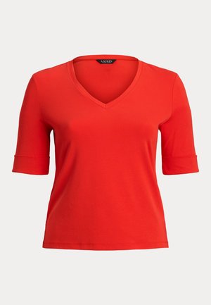 Lauren Ralph Lauren Woman STRETCH COTTON ELBOW-SLEEVE V-NECK TEE - T-shirt basic - bright vermilion