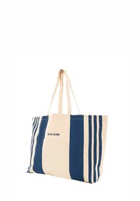Borsa in tela a tracolla con strisce blu e beige, con il logo "SALSA JEANS" al centro. Manici lunghi e piatti. Materiale resistente.