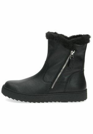 Bottes noires chevilles en cuir texturé, avec une bordure en fausse fourrure, une fermeture éclair sur le côté et une semelle en caoutchouc épaisse pour l'adhérence.