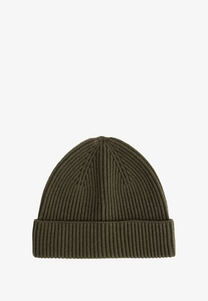 Olive green knit beanie with vertical ribbing, featuring a folded cuff and a rounded top. Soft texture and lightweight design.