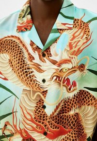 Košile s krátkými rukávy se vzorem draka, převážně v odstínech hnědé a červené na světle modrém pozadí. Obsahuje černé knoflíky.