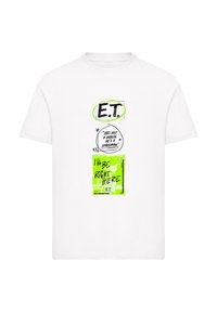 White cotton t-shirt featuring graphic prints, including "E.T." in black and green, with quotes in varied fonts and a bright green background.