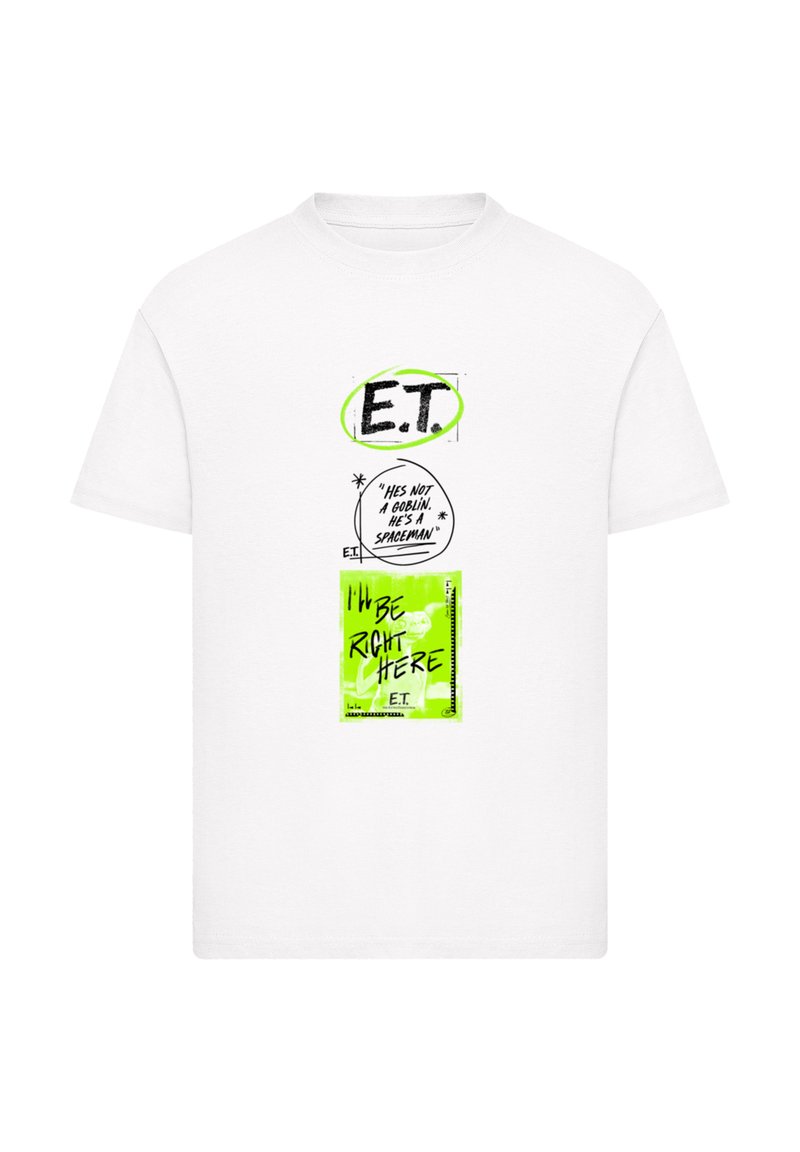 White cotton t-shirt featuring graphic prints, including "E.T." in black and green, with quotes in varied fonts and a bright green background.