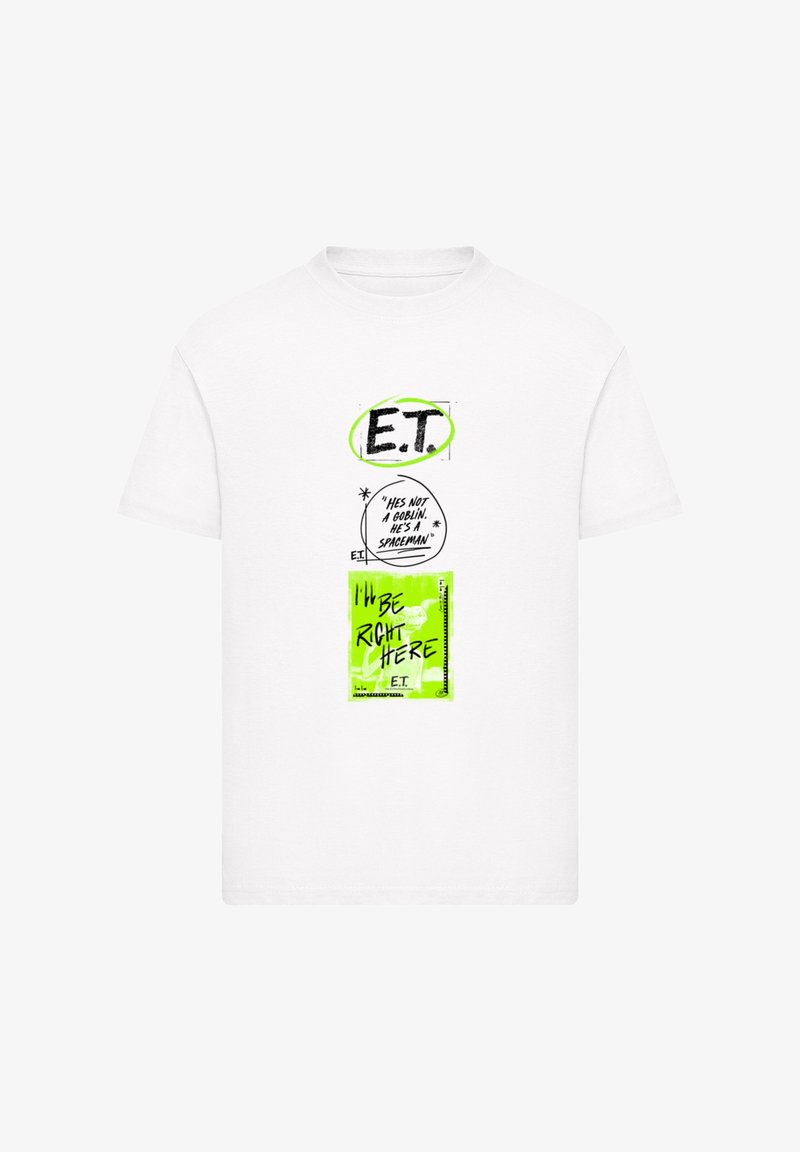 White cotton t-shirt featuring graphic prints, including "E.T." in black and green, with quotes in varied fonts and a bright green background.