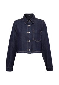 Cropped denim jacket in dark blue, featuring a pointed collar, front button closure, and one chest pocket with contrasting stitching.