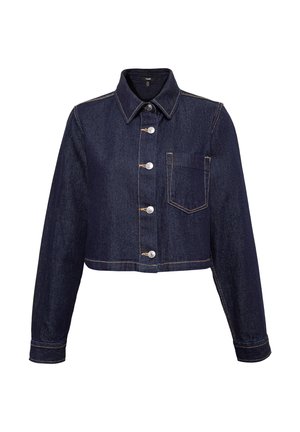 Cropped denim jacket in dark blue, featuring a pointed collar, front button closure, and one chest pocket with contrasting stitching.