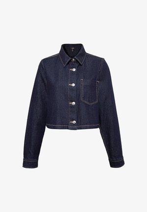 Cropped denim jacket in dark blue, featuring a pointed collar, front button closure, and one chest pocket with contrasting stitching.