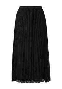 Jupe plissée noire avec une large taille et un tissu léger et fluide. Les plis créent un aspect texturé et élégant.