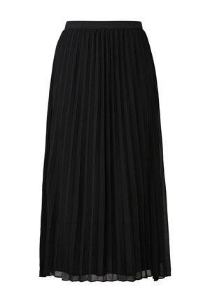 Zwarte geplooide rok met een brede tailleband en luchtige, lichte stof. De plooien creëren een textuur en een elegante uitstraling.