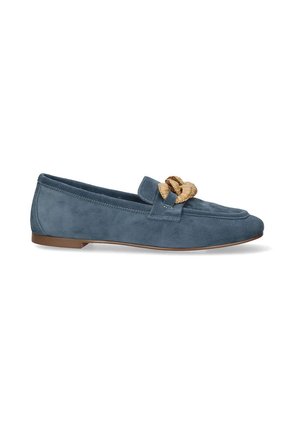 Mocasines de ante en azul suave con suela plana, que presentan un adorno de cuerda recogida en la parte delantera y un diseño de punta redondeada.