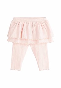Ljusrosa tvådelat set med en volangkjol i flera lager över sömlösa leggings. Tyget har en subtil randig struktur och scallopade kanter.