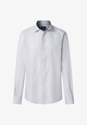 Camicia bianca da uomo con maniche lunghe e motivo a griglia blu sottile, colletto classico e bottoni bianchi sul davanti.