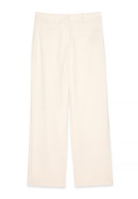 Platlejas bikses krēmkrāsā, ar gludu tekstūru, sānu kabatām un klasisku jostasvietu ar jostas cilpiņām.