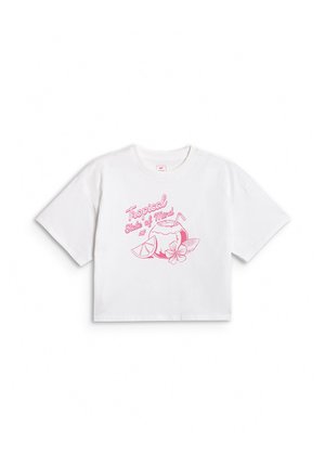 Biały krótki t-shirt z różową grafiką przedstawiającą napój kokosowy, plasterek cytryny, kwiat oraz tekst "Tropical State of Mind" z przodu.