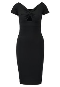 Czarna sukienka typu bodycon z krótkimi rękawami, skręconym przodem i wycięciem w kształcie klucza. Gładka tekstura i dopasowany krój.