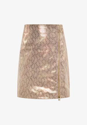 Metallic pink slangeskinds-print mini nederdel med lynlås i siden. Har en glat tekstur og en tætsiddende design, der fremhæver en strømlinet silhuet.