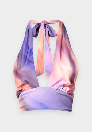 Top de cuello halter en tejido suave, con tonos de rosa y púrpura pastel, con cinta elástica fruncida y lazos en la parte posterior.