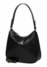 Borsa a spalla nera in pelle con una texture liscia, forma curva, tracolla regolabile e hardware in tonalità oro; presenta una chiusura con zip superiore.