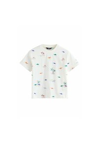 T-shirt en coton blanc avec des motifs brodés colorés de dinosaures, d'arbres et de vagues. Encolure ronde et manches courtes. Coupe décontractée.