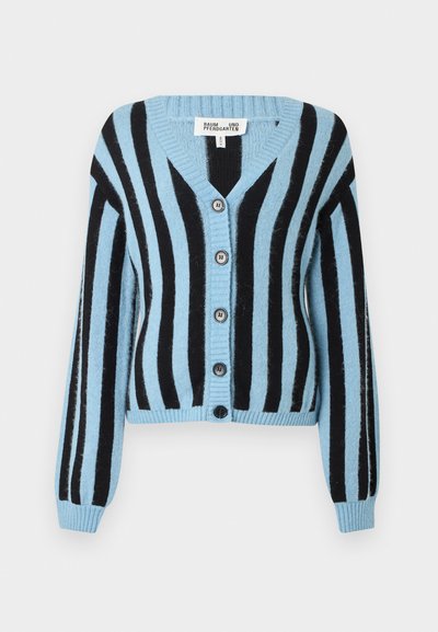 Ζακέτα με μπλε και μαύρες ρίγες, με V-λαιμόκοψη, μακριά μανίκια, έξι στρογγυλά κουμπιά και ριμπ μανσέτες και τελείωμα. Κατασκευασμένη από μαλακό υλικό.