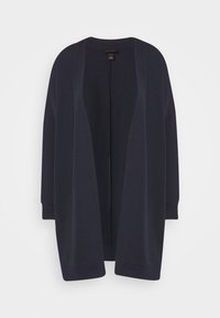 Dunkelblauer Cardigan, offene Vorderseite, lange Ärmel, weicher Stoff, lockere Passform, gerippte Bündchen, minimalistisches Design, keine sichtbaren Muster oder Verzierungen.